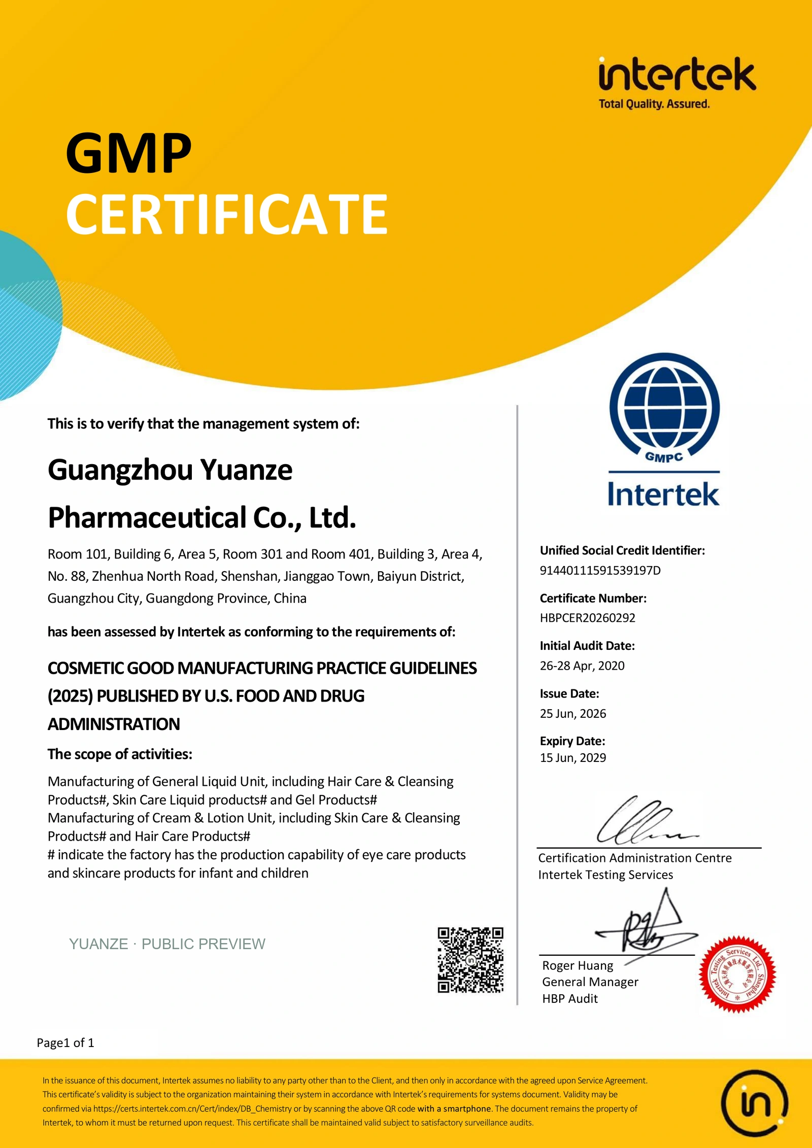 Watermarked preview of Cosmetic Good Manufacturing Practice Guidelines (2025) certificate