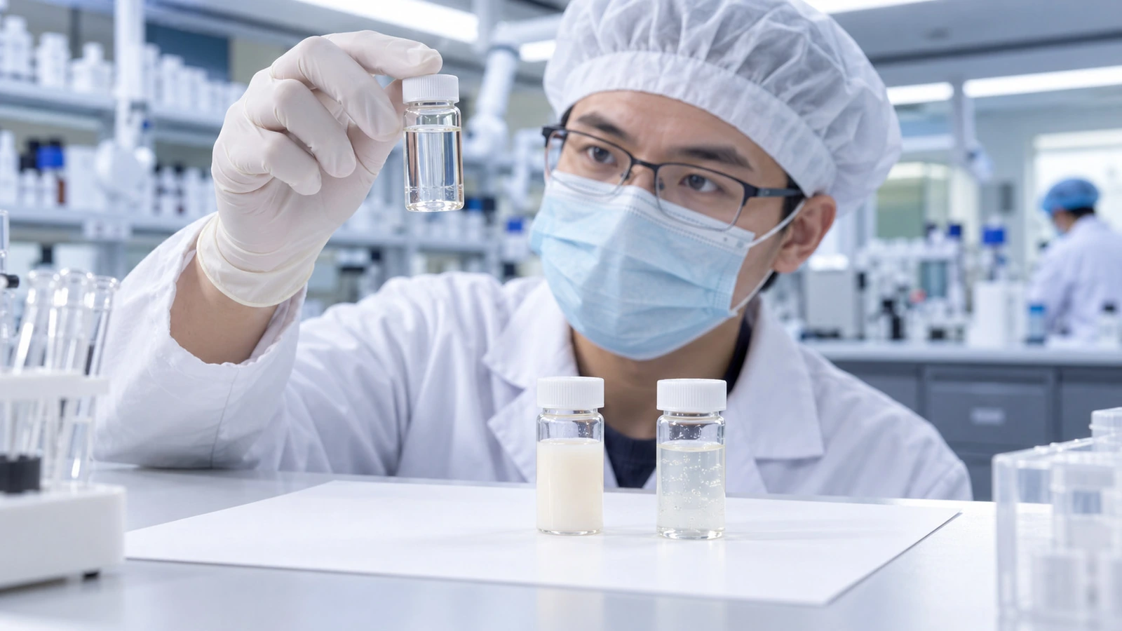 Illustrative process reference: A laboratory operator visually comparing prepared product samples