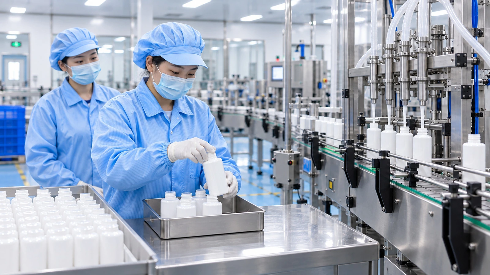 Illustrative process reference: Operators conducting checks beside a filling line