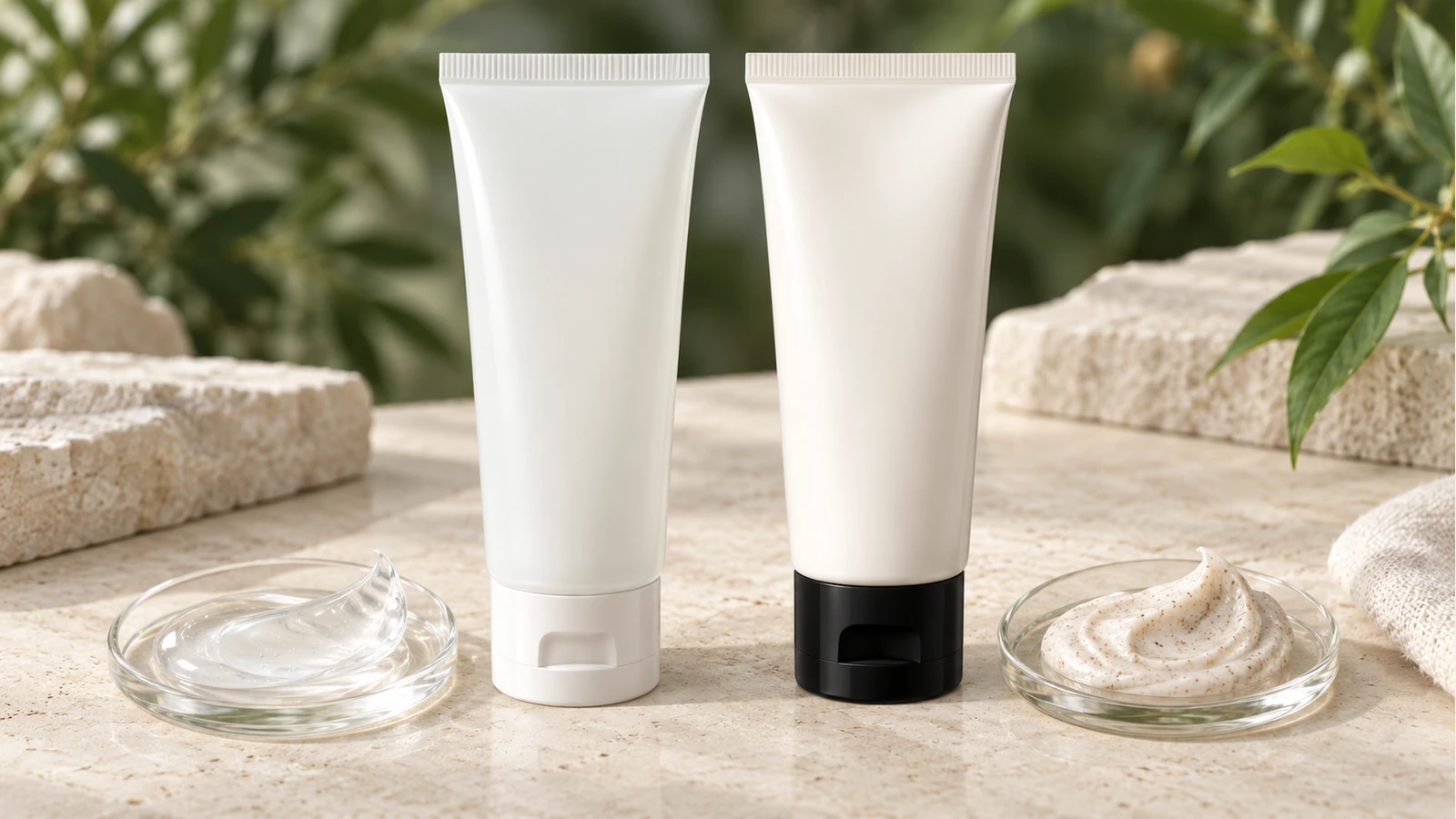Editorial gel tube with a transparent gel swatch beside a particulate-paste tube with a fine-granular paste swatch