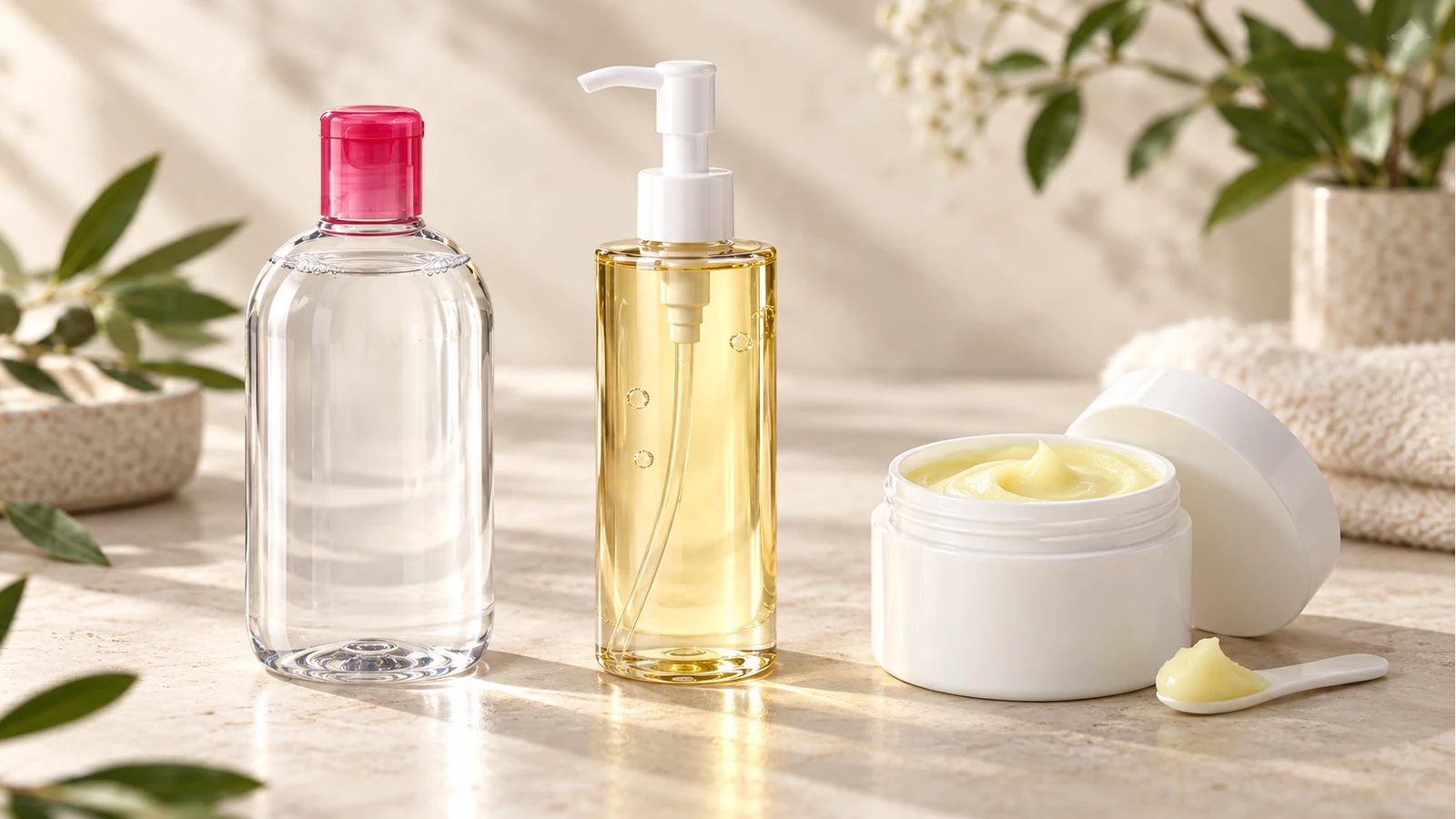 Editorial clear cleansing-water bottle, golden cleansing-oil pump bottle and open solid-style cleansing-balm jar