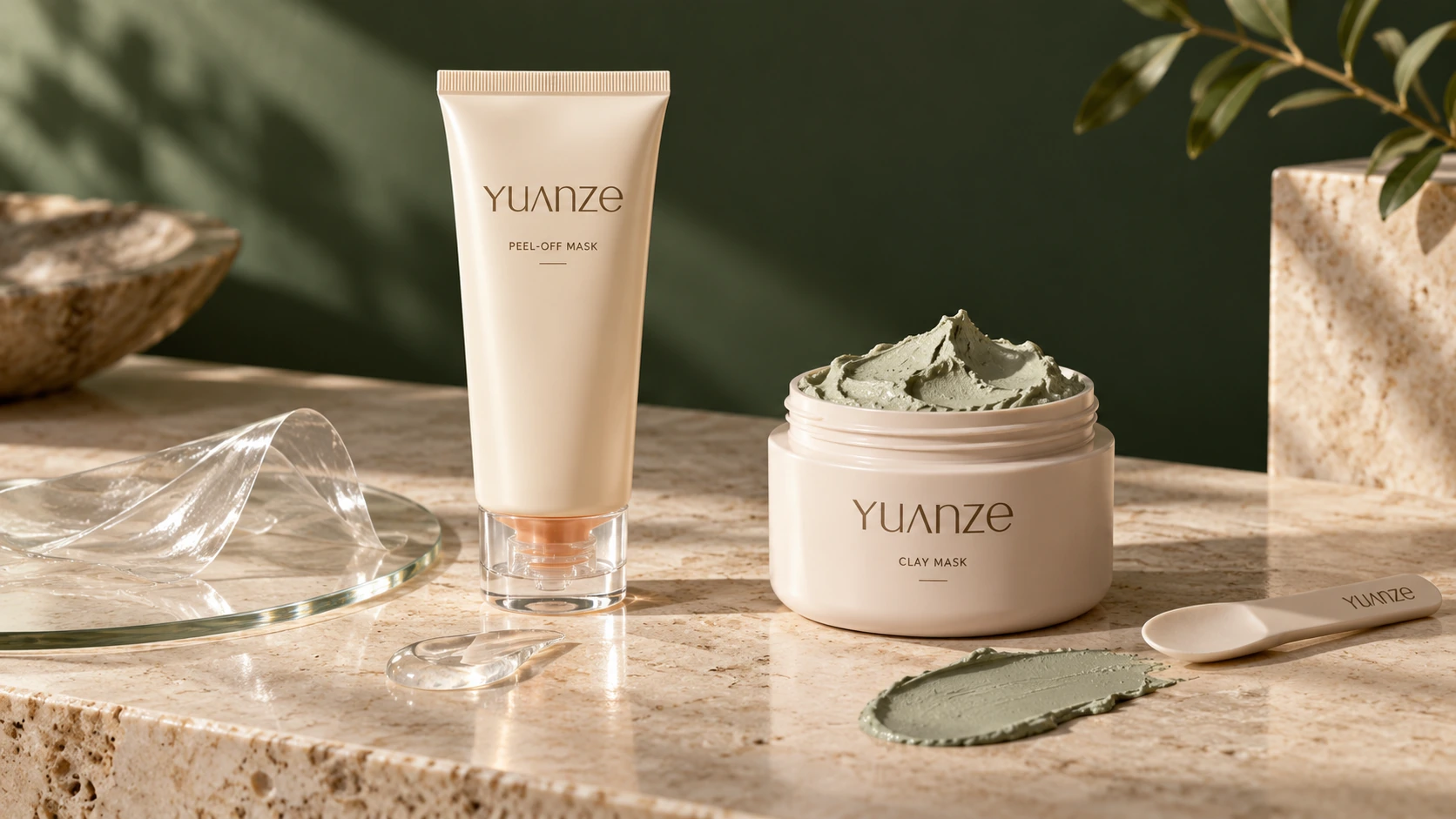 Peel-off squeeze tube with an illustrative clear film beside an open clay-mask jar and matte paste swatch