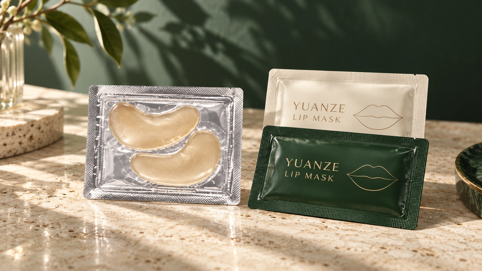 Sealed tray containing two curved eye patches beside separate ivory and deep-green lip-mask sachets
