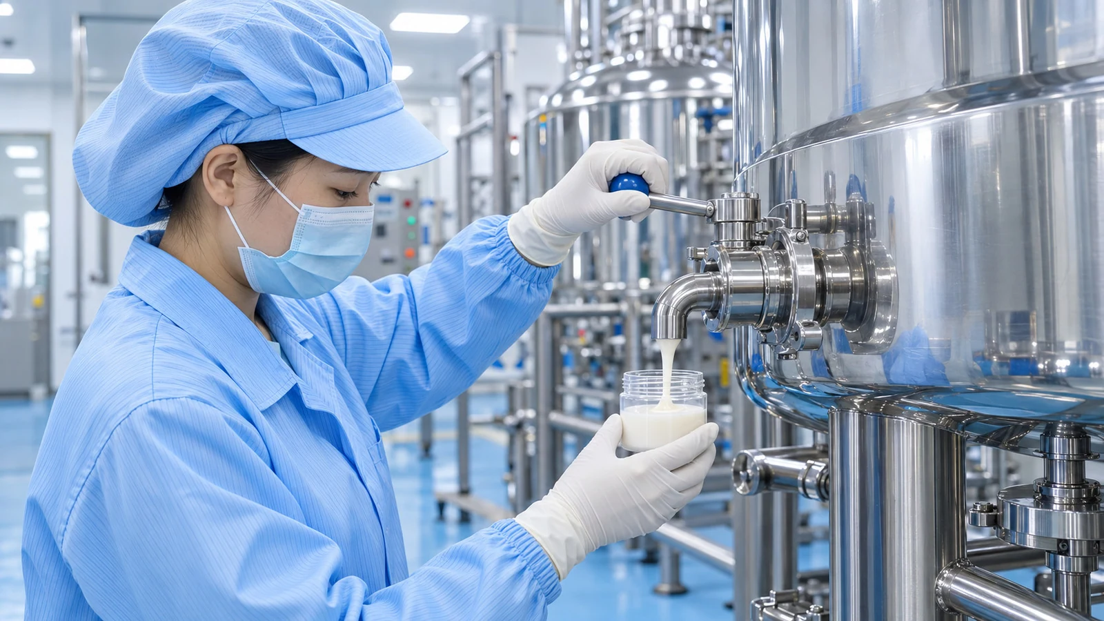 A production sample being taken from bulk-preparation equipment