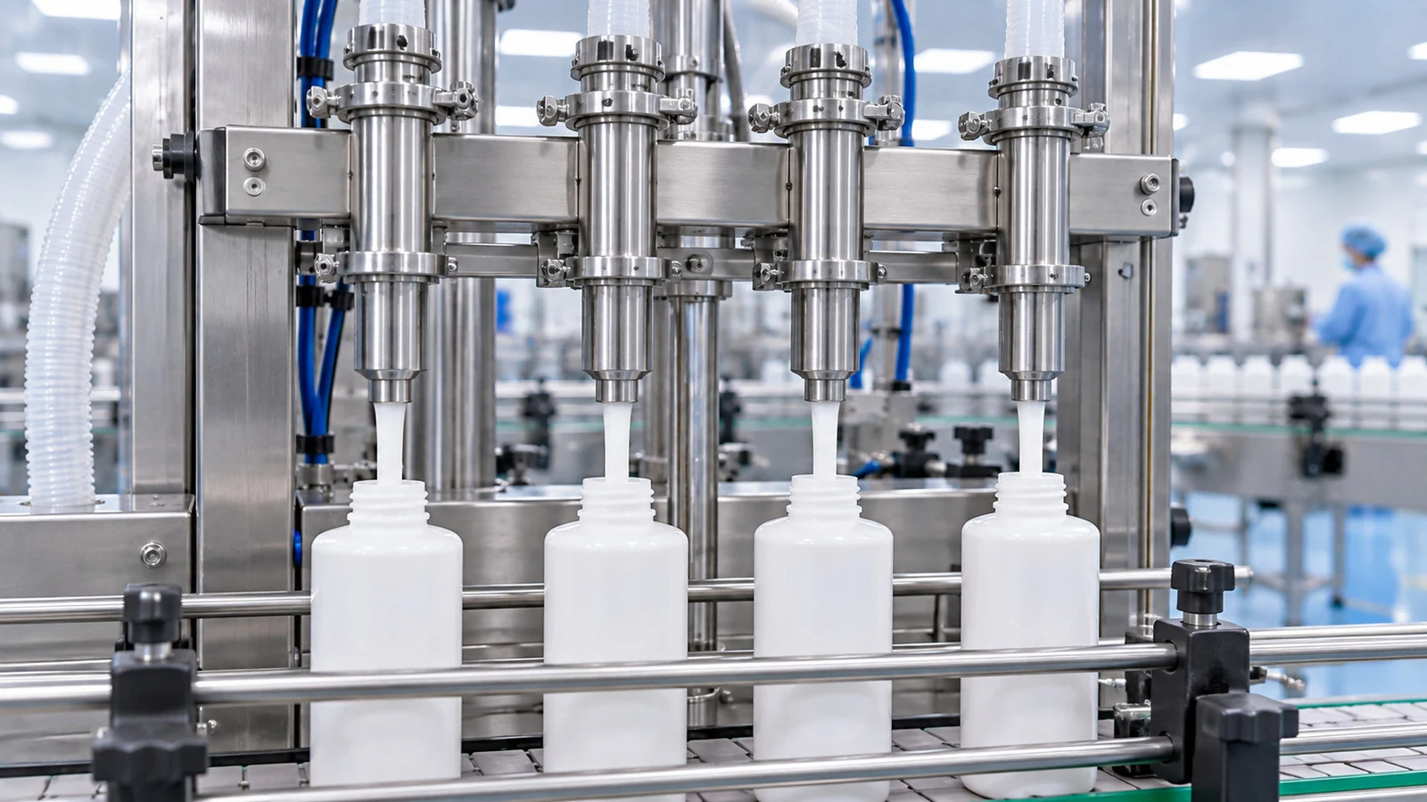 Cosmetic filling heads above containers
