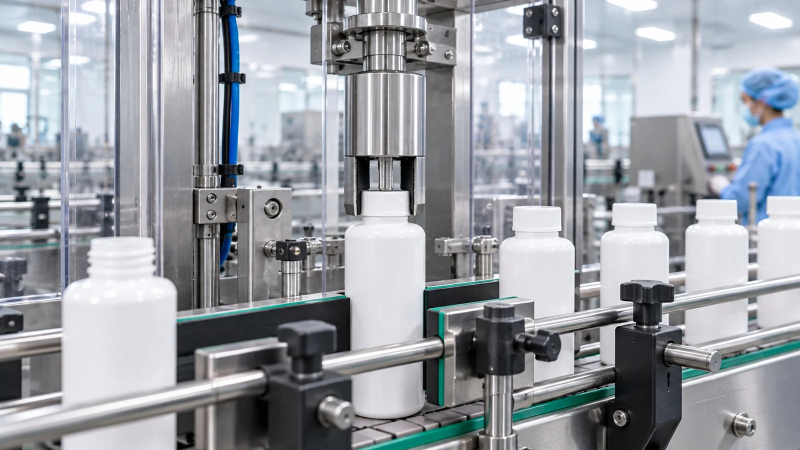 Automatic closure equipment on a cosmetic production line