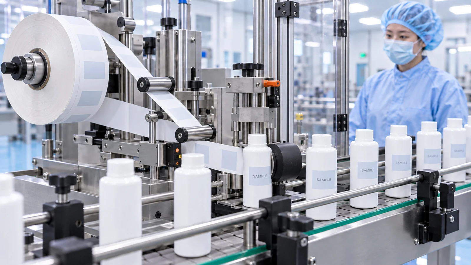 Automatic label application on a cosmetic production line