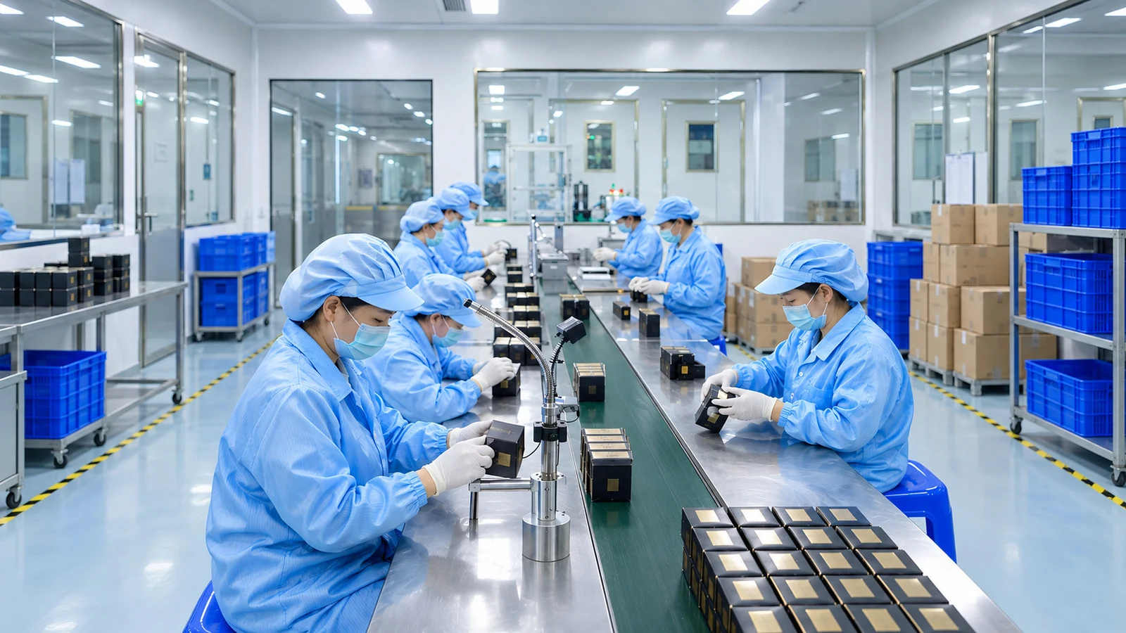 A wide secondary-packaging line with operators