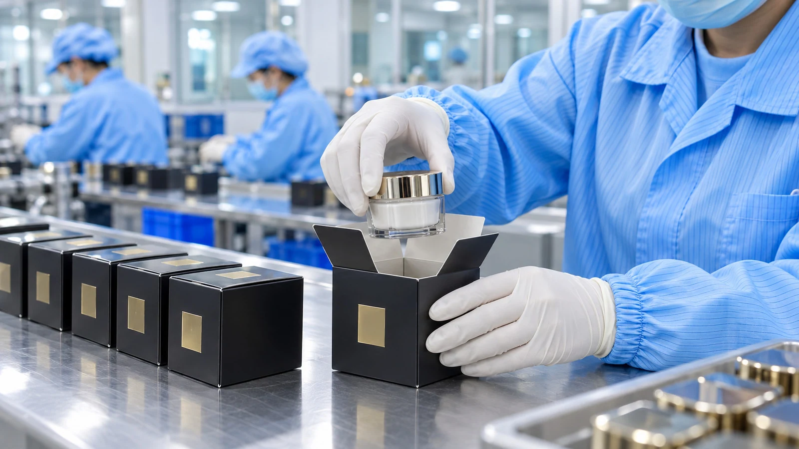 A cosmetic product being placed into secondary packaging