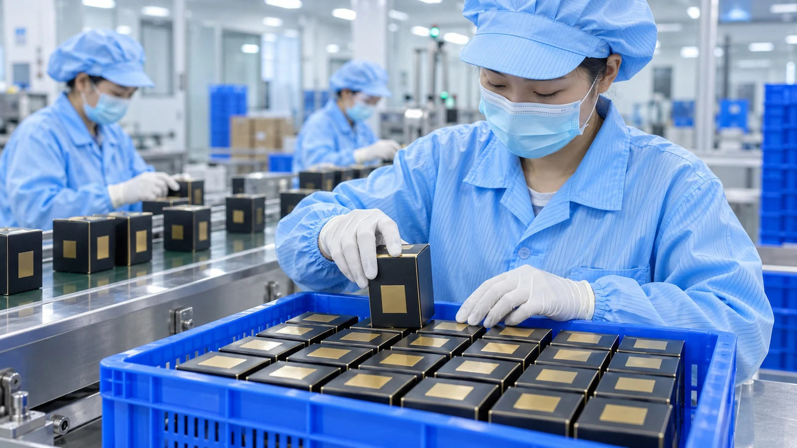 Finished cosmetic packages being organized on the line