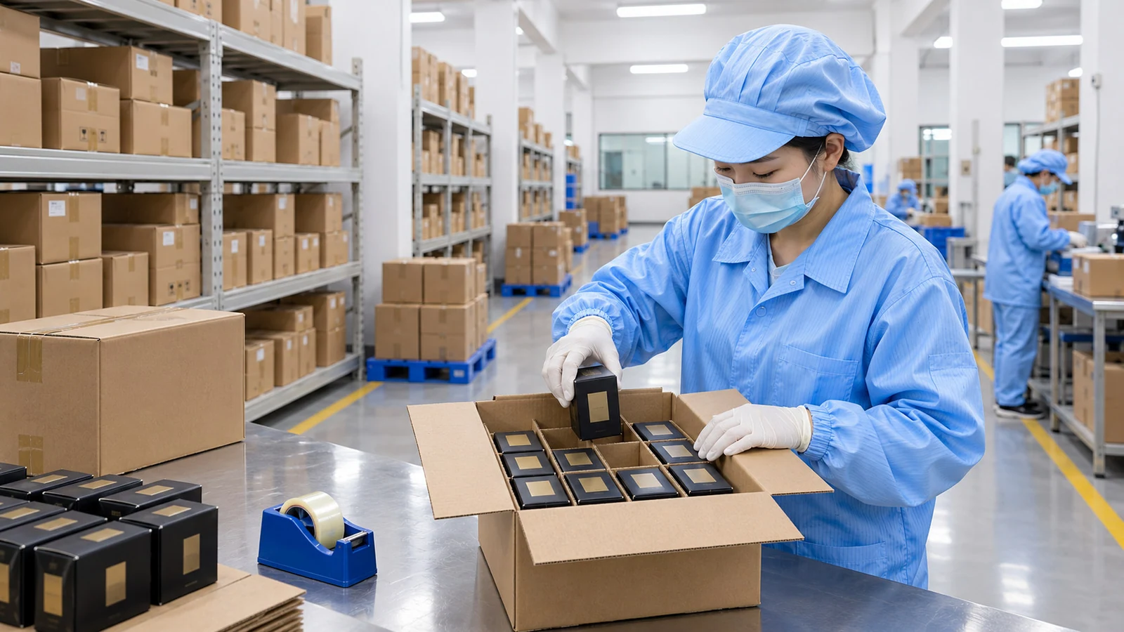 Finished cosmetic packs being placed into cartons