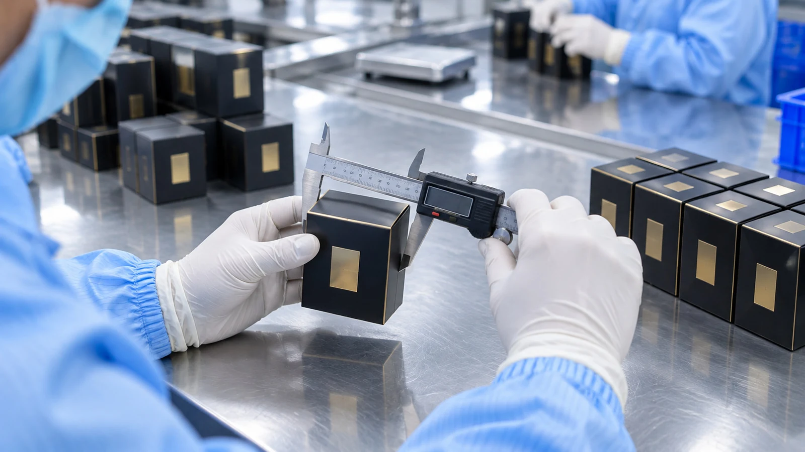 Illustrative process reference: Packaging components being measured during an incoming review
