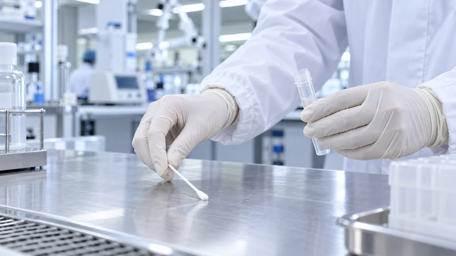 Illustrative process reference: A laboratory surface being sampled for environmental monitoring