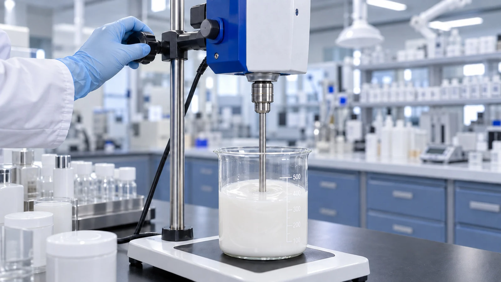 Cream formulation being mixed at a development workbench