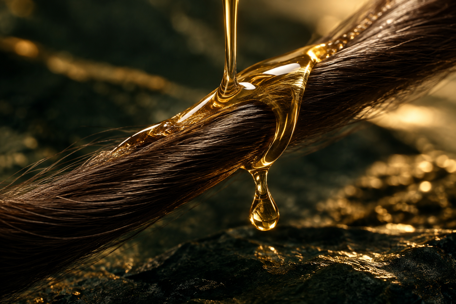 Golden hair oil flowing over a dark hair strand with a luminous droplet