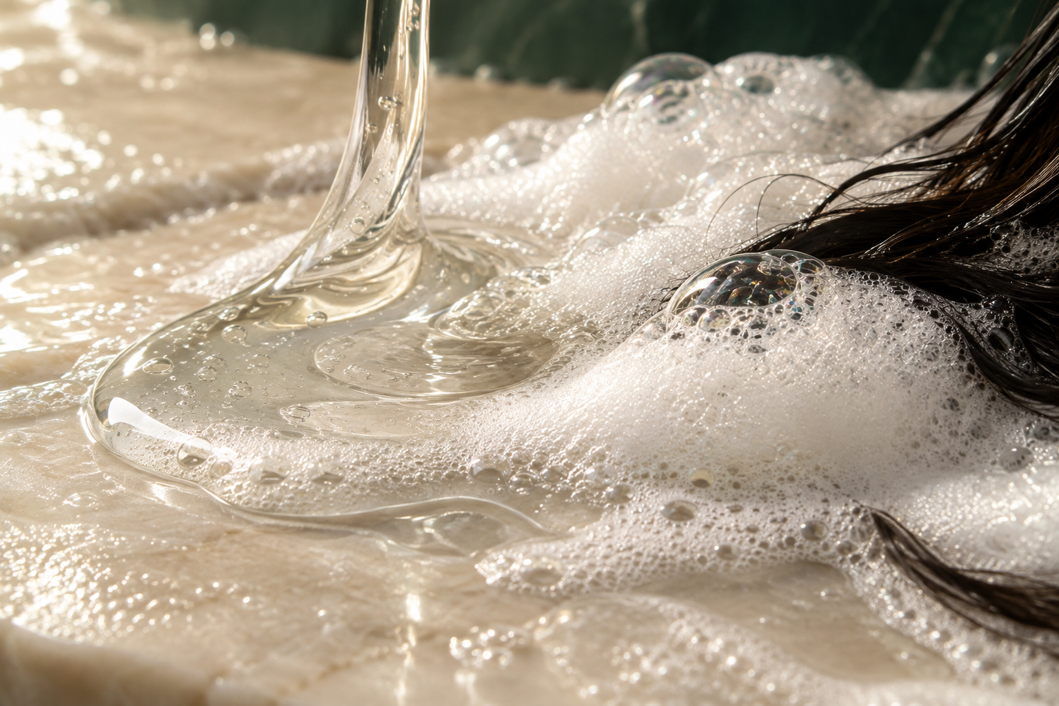 Clear shampoo gel flowing through pearlescent foam and wet hair