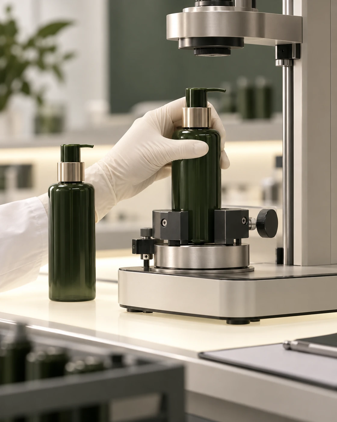 Illustrative process reference: A finished cosmetic package being inspected on a test fixture