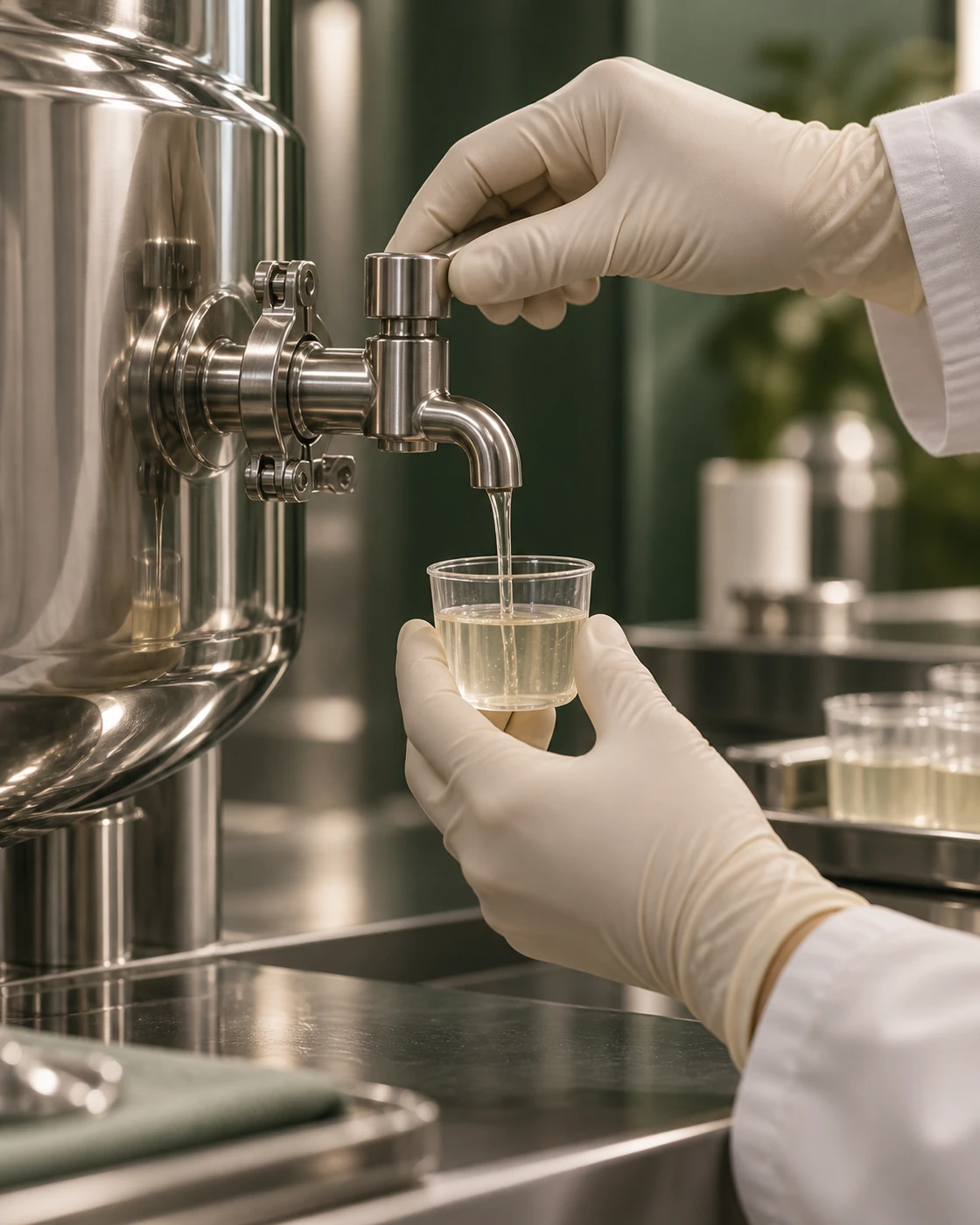 Illustrative process reference: A production sample being checked during a filling operation